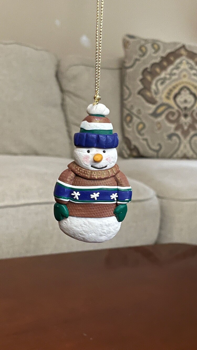 Snowman Hanging Ornament Brown Sweater Blue Hat Christmas Decor